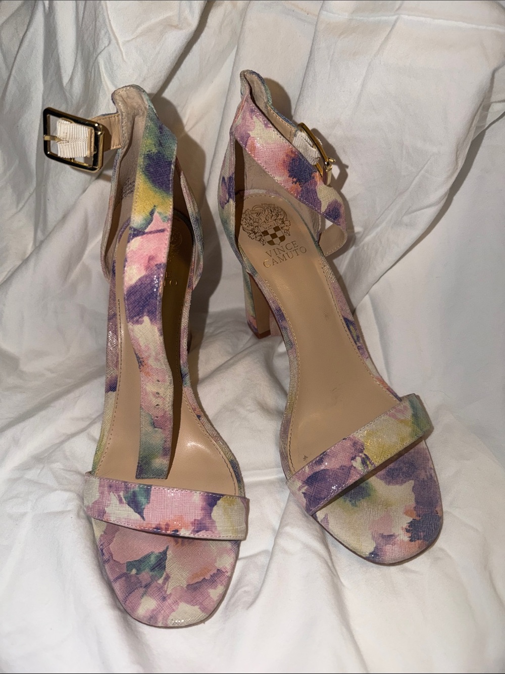Vince Camuto Pastel Floral Ankle Strap Block Heels